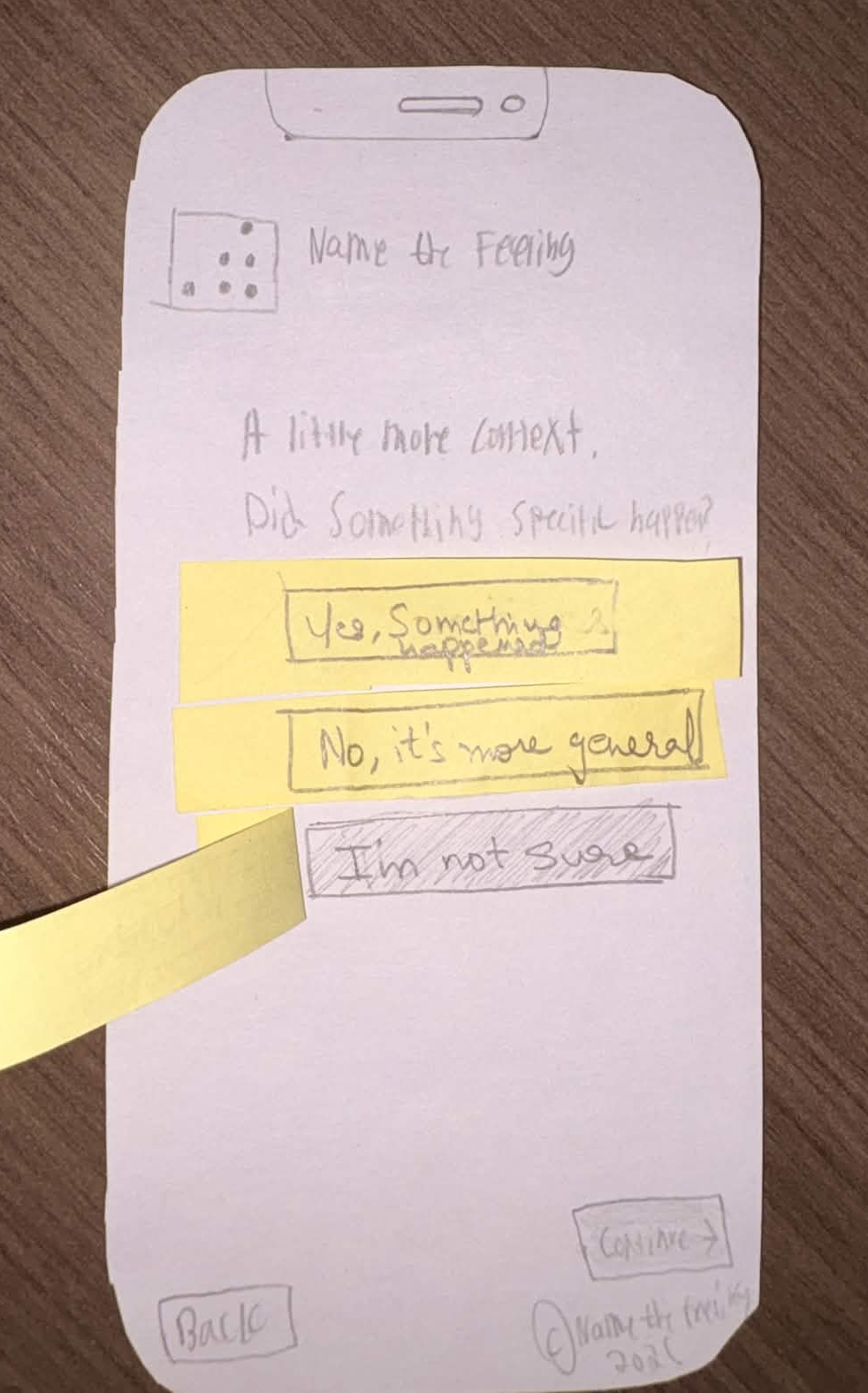 Paper prototype context screen — Did something specific happen? This screen was cut after usability testing showed it felt unnecessary.