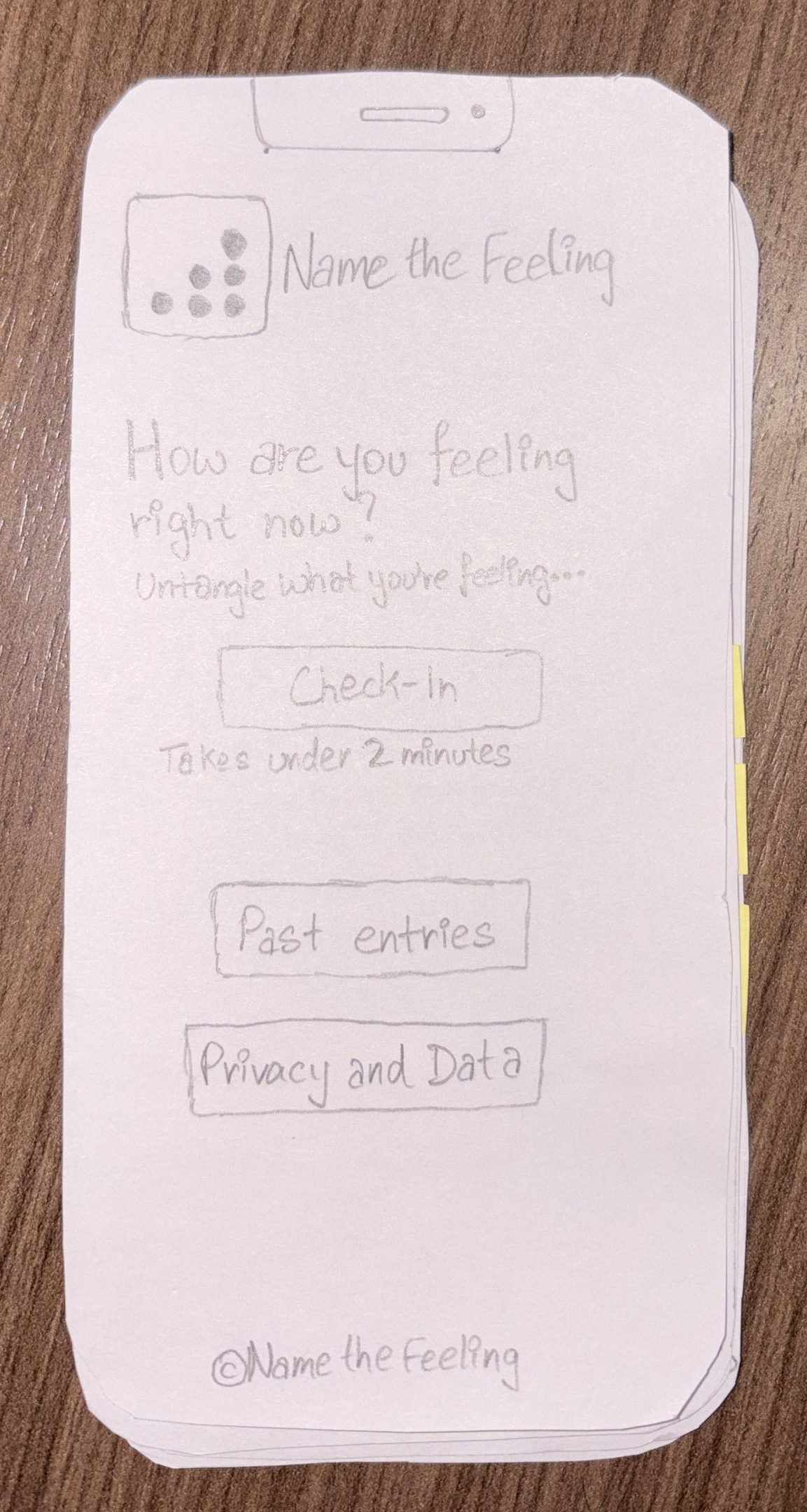 Paper prototype home screen — same layout and copy as the final Figma design